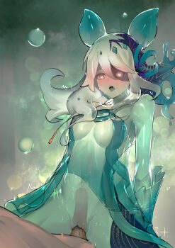 1boy 1girl 2022 absurdres blush bubble colored_skin cowgirl_position duel_monster green_skin hair_between_eyes happy_sex heart heart-shaped_pupils hetero highres icejade_acti interspecies long_hair monster_girl multicolored_hair no_nipples open_mouth penis ro_g_(oowack) see-through_body sex slime_(substance) slime_girl straddling symbol-shaped_pupils teeth tongue tongue_out upper_teeth_only white_hair yu-gi-oh!