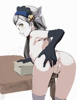 1girl ass bent_over black_gloves bloomers breasts butterchalk cleft_of_venus closed_mouth completely_nude female_focus gloves grey_hair highres lavenza_(persona_5) loli long_hair nipples nude persona persona_5 persona_5_the_royal presenting pussy small_breasts spreading_own_ass thighhighs uncensored underwear white_background white_gloves white_thighhighs yellow_eyes