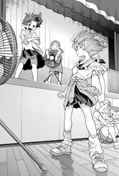 5girls absurdres bangs_pinned_back breasts clenched_hands closed_eyes closed_mouth clothes_around_waist collarbone collared_shirt commentary_request crossed_arms dragon_ball dragonball_z electric_fan floating_clothes floating_hair gavucchi greyscale hair_ornament hairclip hatching_(texture) highres indoors jacket jacket_around_waist knees_up laughing linear_hatching long_hair looking_at_another looking_down looking_to_the_side looking_up loose_necktie loose_socks lower_teeth_only miniskirt monochrome multiple_girls necktie open_collar open_mouth original parody parted_bangs pleated_skirt scene_reference school_uniform shirt shoes short_hair short_sleeves shorts shorts_under_skirt sitting skirt sleeves_rolled_up small_breasts smile sneakers socks stage standing striped_necktie teeth three-quarter_sleeves turning_head untucked_shirt v-shaped_eyebrows wooden_floor
