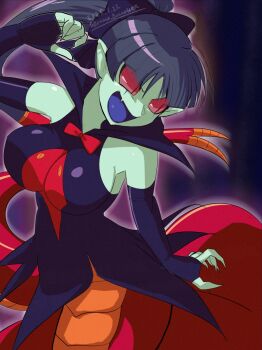 2025 absurdres bare_shoulders bishoujo_senshi_sailor_moon bishoujo_senshi_sailor_moon_supers bow breasts breasts_squeezed_together colored_sclera colored_skin dated dress elbow_gloves extra_eyes extra_mouth fang fingerless_gloves garagara_musume gloves green_hair green_skin high_ponytail highres kouma_bonmaid large_breasts lemures_(sailor_moon) long_hair looking_to_the_side monster_girl multiple_heads open_mouth pointy_ears ponytail purple_dress red_sclera sharp_teeth skin_fang smile snake snake_girl teeth upper_teeth_only