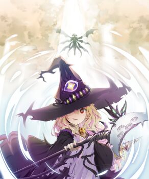 1girl black_coat black_hat blonde_hair choro_tofu coat daria_(shingeki_no_bahamut) dress hat hat_over_one_eye highres holding holding_staff jewelry large_hat long_hair long_sleeves necklace open_clothes open_coat parted_lips red_eyes shadowverse shadowverse:_worlds_beyond smile staff white_dress wide_sleeves witch_hat