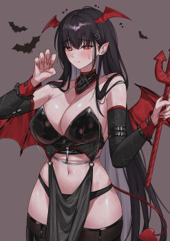 1girl absurdres alternate_costume bandeau bare_shoulders black_bandeau black_hair black_panties black_sleeves black_thighhighs blue_archive blush breasts bright_pupils claw_pose cleavage closed_mouth collarbone commentary cowboy_shot cross demon_tail demon_wings detached_sleeves fingernails flying_sweatdrops hair_between_eyes hair_ornament hairclip halloween halloween_costume highres holding holding_polearm holding_weapon katrinabluuuuu large_breasts long_fingernails long_hair looking_at_viewer midriff navel panties pointy_ears polearm red_eyes ringed_eyes rio_(blue_archive) sidelocks simple_background simple_bat skindentation solo sweat tail thighhighs trident underwear very_long_hair weapon white_pupils wings