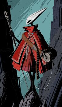 Rule 34 | 1girl, arthropod girl, black eyes, black skin, bug, cloak, colored skin, full body, highres, holding, holding weapon, hollow eyes, hollow knight, hornet (hollow knight), needle (hollow knight), red cloak, roving neophyte, shoulder belt, solo, standing, thread, weapon