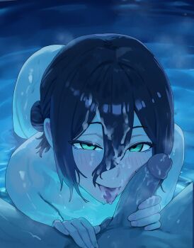 1boy 1girl absurdres after_fellatio black_hair chainsaw_man commentary cum cum_in_mouth cum_on_body cum_on_hair cum_on_tongue erection facial green_eyes hair_between_eyes hetero highres looking_at_viewer nisakusa penis pool pov reze_(chainsaw_man) solo_focus tongue tongue_out uncensored wading water wet