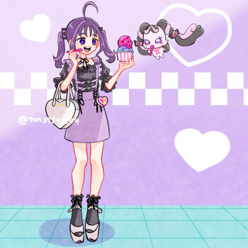 Rule 34 | 1girl, ahoge, bag, black ribbon, black shirt, black socks, carrying, commentary, cup, eating, food, frilled shirt, frills, grey sandals, handbag, heart, holding, holding cup, holding spoon, ice cream, ice cream spoon, kimi to idol precure, looking at another, medium hair, meroron (fairy) (precure), meroron (precure), miniskirt, neck ribbon, open mouth, pact holder, precure, purple eyes, purple hair, purple skirt, ribbon, sandals, shigure kokoro, shirt, short sleeves, skirt, smile, socks, solo, spoon, standing, suspender skirt, suspenders, ton (ton39342104), twitter username, untranslatable commentary