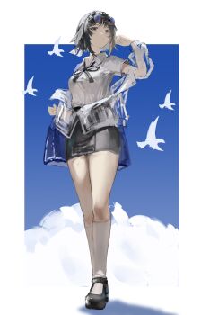 1girl absurdres alternate_costume arknights arm_up bag bird black_hair black_shoes black_skirt blue_bag border breasts collared_shirt commentary english_commentary expressionless feather_hair from_below full_body grey_eyes grey_hair high_collar highres jacket jacket_partially_removed kneehighs la_pluma_(arknights) looking_at_viewer medium_breasts melancholinnist neck_ribbon off_shoulder outside_border pencil_skirt ribbon round_eyewear school_bag see-through_clothes see-through_jacket shirt shoes short_hair short_sleeves sketch skirt socks thighs unworn_eyewear white_border white_shirt white_socks