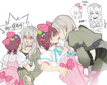 2girls banknote belt between_legs black_choker black_thighhighs blue_eyes blush bow bow_hairband breasts chinese_commentary choker commentary_request earclip french_kiss girls_band_cry green_jacket grey_eyes grey_hair hair_bow hairband hand_between_legs hug implied_fingering iseri_nina jacket jhon_trick kawaragi_momoka kiss koe_naki_sakana long_hair long_sleeves money multicolored_hair multiple_girls open_mouth pink_bow pink_skirt red_bow red_hair roots_(hair) sailor_collar shirt short_hair short_sleeves skirt small_breasts striped_clothes striped_skirt striped_thighhighs thighhighs tongue tongue_out wallet white_background white_shirt yuri