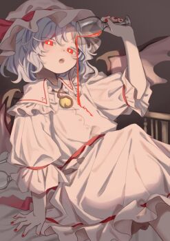 1girl alcohol ascot bat_wings bed blue_hair brooch collared_shirt cup drinking_glass frilled_shirt_collar frills hat hat_ribbon highres holding holding_cup jewelry looik misoice_ramen mob_cap open_mouth pink_hat pink_shirt puffy_short_sleeves puffy_sleeves red_ascot red_eyes red_nails red_ribbon remilia_scarlet ribbon shirt short_hair short_sleeves sitting solo touhou wine wine_glass wings