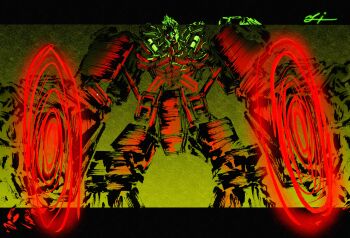 1boy abs absurdres armor blood blood_on_face calligraphy_brush_(medium) clenched_teeth cyberpunk_(series) cyberpunk_2077 cyberpunk:_edgerunners cyborg david_martinez deadpool_yuchan exoskeleton glowing glowing_eyes gradient_background highres letterboxed looking_at_viewer machine male_focus mechanical_arms mechanical_legs nosebleed power_armor solo teeth topless_male undercut