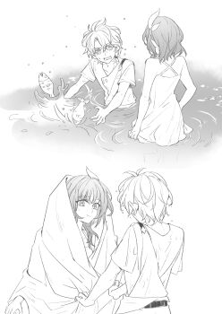 1boy 1girl bare_shoulders commentary cyrene_(aedes_elysiae)_(honkai:_star_rail) cyrene_(honkai:_star_rail) dress fish greyscale hair_ornament highres honkai:_star_rail honkai_(series) kk_(kkgame7733) monochrome partially_submerged phainon_(a_dream_scented_in_wheat)_(honkai:_star_rail) phainon_(honkai:_star_rail) pointy_ears shirt short_hair smile under_covers