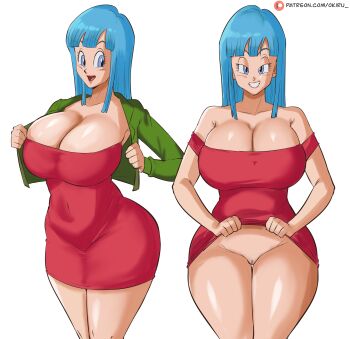 1girl absurdres blue_eyes blue_hair breasts cleavage clothes_grab clothes_lift dragon_ball female_focus highres large_breasts long_hair looking_at_viewer maron_(dragon_ball) no_panties open_mouth panarandom pussy simple_background smile solo solo_focus white_background