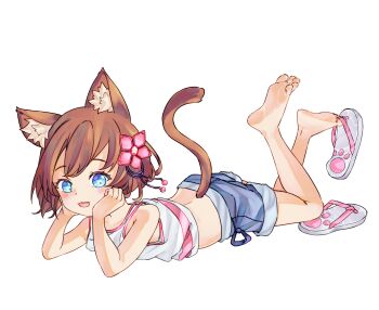 1girl animal_ears barefoot blue_eyes brown_hair cat_ears cat_tail chaosexceed feet flip-flops light_blush looking_at_viewer lying medium_hair on_stomach open_mouth original sandals shoe_dangle soles tail the_pose toes