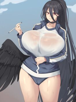 1girl blue_archive breasts choker hasumi_(blue_archive) higher_resolution_available highres huge_breasts metal_owl_(aden12) ponytail solo sweat