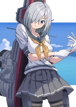 1girl absurdres black_pantyhose blue_eyes blue_sky cloud gloves grey_hair grey_sailor_collar grey_skirt hair_ornament hair_over_one_eye hairclip hamakaze_(kancolle) highres kantai_collection kikuchi-shoogo machinery neckerchief pantyhose pleated_skirt sailor_collar sailor_shirt school_uniform serafuku shirt short_hair skirt sky solo torpedo_launcher white_gloves white_shirt yellow_neckerchief