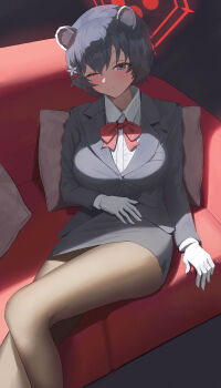 1girl absurdres animal_ears black_hair blue_archive bow bowtie breasts couch flag formal_clothes gloves halo highres ichinisan326 large_breasts official_alternate_costume on_couch one_eye_closed pencil_skirt raccoon_ears raccoon_girl red_bow red_bowtie red_halo sitting skirt solo suit tour_guide tsubaki_(blue_archive) tsubaki_(guide)_(blue_archive) white_gloves