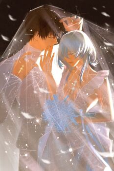 1boy 1eternalstar 1girl absurdres alternate_costume black_hair blue_flower blue_hair body_markings bouquet bow bowtie breasts bridal_veil bride butterfly_ornament closed_eyes collarbone cowboy_shot dress flower formal_clothes hair_between_eyes highres holding holding_bouquet jewelry looking_at_another male_rover_(wuthering_waves) parted_lips ring rover_(wuthering_waves) see-through_clothes see-through_veil shorekeeper_(wuthering_waves) sideless_dress signature sleeveless sleeveless_dress smile suit tacet_mark_(wuthering_waves) veil wedding wedding_dress wedding_ring white_dress white_suit white_veil wuthering_waves