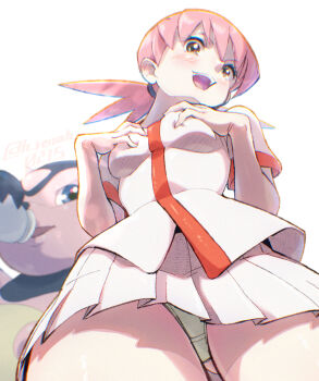 :d breasts brown_eyes commentary_request from_below gen_2_pokemon h_renah looking_at_viewer low_twintails medium_breasts miltank miniskirt nintendo open_mouth panties pantyshot pink_hair pleated_skirt pokemon shirt simple_background skirt smile twintails underwear upskirt white_background white_panties white_shirt white_skirt whitney_(pokemon)