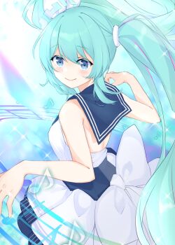 1girl absurdres aqua_eyes aqua_hair aqua_halo backless_dress backless_outfit bare_arms black_sailor_collar blue_archive blush bow breasts closed_mouth commentary_request dress frilled_dress frills hair_between_eyes hair_ornament halo hatsune_miku hatsune_miku_(blue_archive) high-waist_skirt highres long_hair looking_at_viewer medium_breasts miyami_(sirukasiruka) multicolored_hair musical_note sailor_collar skirt sleeveless sleeveless_dress smile solo streaked_hair tilted_halo twintails very_long_hair vocaloid white_dress white_skirt