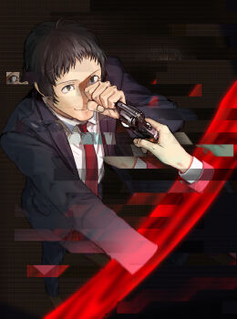 1boy adachi_tooru aiming black_eyes black_hair black_jacket dark_background glitch gun highres holding holding_gun holding_weapon jacket long_sleeves looking_at_object morrisuit necktie persona persona_4 portal_(object) red_necktie shirt short_hair smile solo weapon white_shirt