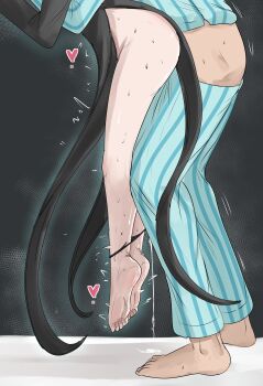 1boy 1girl barefoot black_dress black_panties blue_pajamas cum cum_on_floor cumdrip dress feet fuzzlogik grabbing_from_behind heart held_up highres lifting_person loli naked_dress one-punch_man pajamas panties panties_around_ankles panty_pull saitama_(one-punch_man) sex sex_from_behind side_slit soles striped_clothes striped_pajamas sweat tatsumaki toenails toes trembling underwear