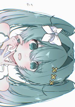 Rule 34 | 1girl, @ @, absurdres, aqua hair, aqua nails, bare shoulders, blush, bow, commentary, fang, fingernails, hair bow, hair intakes, hair ornament, hand on own face, hands up, hatsune miku, highres, hiramado miku, kowareta sekai to utaenai miku, looking at viewer, nail polish, open mouth, portrait, project sekai, ria art, sideways, simple background, skin fang, solo, twintails, vocaloid, wavy mouth, white background, white bow, x hair ornament