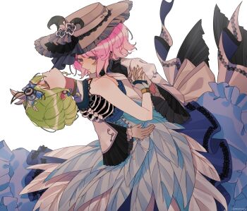 2girls bare_arms blue_dress closed_eyes closed_mouth commentary dip_(dance_move) dress green_hair hair_up hand_on_another&#039;s_waist highres holding_hands interlocked_fingers kusanagi_nene long_dress multiple_girls ootori_emu parted_lips pink_eyes pink_hair project_sekai short_hair simple_background smile symbol-only_commentary the_coconutnut white_background white_dress white_hair yuri