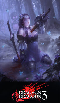 1girl armisael_(drag-on_dragoon) bare_shoulders blue_hair breasts bug butterfly butterfly_hair_ornament cangkong cleavage cross drag-on_dragoon drag-on_dragoon_3 dress facial_mark female_focus flower forehead_mark gauntlets glowing hair_ornament highres insect long_hair parted_lips purple_eyes purple_hair roman_numeral shield solo suicide three_(drag-on_dragoon)