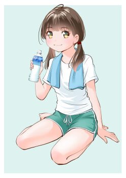 Rule 34 | 1girl, barefoot, bottle, brown hair, commentary request, full body, green background, green shorts, gym uniform, holding, holding bottle, looking at viewer, original, shirt, shorts, simple background, sitting, smile, solo, towel, towel around neck, twintails, water bottle, white shirt, yamanaka kouji (yanchiki2001)