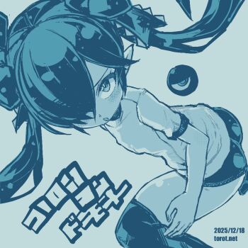 1girl :o ass backbeako_(torotei) backbeard blue_background blue_theme blush buruma commentary dated dated_commentary dutch_angle from_side gegege_no_kitarou gym_shirt hair_over_one_eye hair_ribbon kono_lolicon_domome long_hair looking_at_viewer monochrome open_mouth original paid_reward_available pointy_ears ribbon shirt short_sleeves simple_background solo thighhighs torotei translated twintails very_long_hair watermark web_address