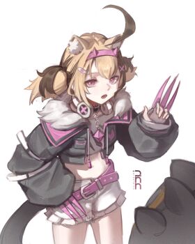 1girl absurdres ahoge animal_ear_fluff animal_ears bandaid bandaid_hair_ornament belt black_jacket blonde_hair brown_hair claw_(weapon) commentary cosplay cropped_jacket dinn_(artofdinn) dog_ears english_commentary fur-trimmed_jacket fur_trim gigi_murin hair_ornament hand_on_own_hip headband headphones headphones_around_neck highres hololive hololive_english jacket long_sleeves mococo_abyssgard mococo_abyssgard_(cosplay) multicolored_hair open_clothes open_jacket open_mouth pink_belt pink_eyes shorts simple_background solo tail two-tone_hair virtual_youtuber weapon white_background white_shorts