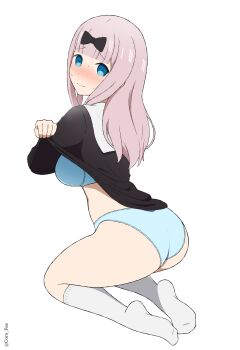 1girl ass black_bow black_dress blue_bra blue_eyes blue_panties blush bow bra clothes_lift coro_fae dress dress_lift embarrassed fujiwara_chika hair_bow highres kaguya-sama_wa_kokurasetai_~tensai-tachi_no_renai_zunousen~ kneehighs kneeling lifting_own_clothes long_hair nose_blush panties pink_hair school_uniform shuuchiin_academy_school_uniform simple_background socks solo underwear wedgie white_background white_socks