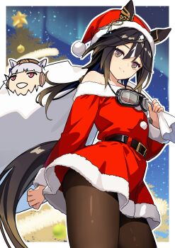 2girls absurdres animal_ears bare_shoulders belt belt_buckle black_belt black_pantyhose border brown_hair buckle dress fur-trimmed_dress fur_trim goggles goggles_around_neck gold_ship_(umamusume) grey_hair hair_between_eyes hat highres holding holding_sack horse_ears horse_girl horse_tail long_hair looking_at_viewer multicolored_hair multiple_girls off-shoulder_dress off_shoulder outside_border pantyhose purple_eyes red_hat reibun_(raven1119) sack santa_costume santa_dress santa_hat smile stay_gold_(umamusume) streaked_hair tail umamusume white_border