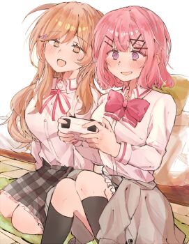 2girls @_@ amaori_renako ashigaya_high_school_uniform blush brown_hair cardigan cardigan_around_waist clothes_around_waist controller flower_hairpin game_controller hair_ornament highres holding holding_controller holding_game_controller long_hair multiple_girls pink_hair school_uniform sena_ajisai short_hair sitting smile watashi_ga_koibito_ni_nareru_wake_naijan_murimuri! x_hair_ornament