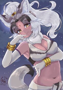 1girl animal_ear_fluff animal_ears armpits bare_shoulders bindi black_hair breasts cleavage closed_mouth dark-skinned_female dark_skin elbow_gloves fang fang_out finger_to_mouth forked_eyebrows fur_collar gloves grey_hair hair_rings high_ponytail highres indian_wolf_(kemono_friends) kemono_friends large_breasts leaning_to_the_side light_blush long_hair looking_at_viewer moon multicolored_hair navel night outdoors parted_bangs ponytail sarong sky smile solo star_(sky) starry_sky stomach tail tsuppushi wolf_ears wolf_girl wolf_tail wrist_wings yellow_eyes