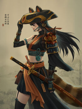 1girl animal_ears arm_at_side arm_ribbon armor bandaid bandaid_on_face bandaid_on_nose belt_pouch black_gloves black_hair black_hat black_skirt black_thighhighs breasts chinstrap closed_mouth commentary cowboy_shot crop_top eika127 elbow_gloves english_commentary facial_scar fake_animal_ears floating_clothes floating_hair folded_fan folding_fan from_side gloves hand_fan hand_on_headwear hand_up hat hat_with_ears highres japanese_armor katana kote long_hair looking_ahead medium_breasts midriff miniskirt navel obi original partially_fingerless_gloves pleated_skirt pocket pouch profile raccoon_tail ribbon sarong sash scar scar_on_cheek scar_on_face sheath sheathed shoulder_armor single_sleeve skirt skirt_set sode solo sword tail tassel thighhighs torn_clothes torn_sleeves weapon wide_sleeves