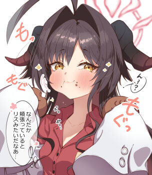 1girl ahoge black_hair black_horns blue_archive blush buttons chabo_24 closed_mouth coat collarbone collared_shirt demon_horns eating food food_on_face hair_intakes halo highres horns kasumi_(blue_archive) lab_coat long_hair long_sleeves red_halo red_shirt shirt simple_background sleeves_past_fingers sleeves_past_wrists solo speech_bubble thought_bubble translation_request upper_body white_background white_coat yellow_eyes
