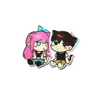 1boy 1girl animal_ears antenna_hair aubrey_(faraway)_(omori) aubrey_(omori) black_eyes black_hair black_socks black_sweater_vest blue_eyes blue_hairband blush_stickers bright_pupils brown_shorts bu3hgg cat_boy cat_ears cat_girl cat_tail chibi chibi_only closed_mouth collared_shirt crop_top double-parted_bangs hair_between_eyes hairband highres jacket kemonomimi_mode long_hair looking_at_another omori outline pink_hair shirt short-sleeved_jacket short_hair short_sleeves shorts simple_background sitting socks sunny_(omori) sweater_vest tail tongue tongue_out white_background white_jacket white_outline white_pupils white_shirt white_socks