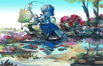 2girls barefoot blue_dress blue_eyes blue_hair blue_skin bodysuit closed_mouth colored_skin dress feet fishing fishing_rod forehead_jewel green_hair green_skin hydrokinesis lapis_lazuli_(steven_universe) liquid_wings midriff multiple_girls peridot_(steven_universe) pond sasumata_jirou short_hair steven_universe tree water