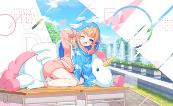 1girl blonde_hair blue_eyes blue_sky blush cloud game_cg highres hood long_hair motosu_towa one_eye_closed open_mouth pink_shorts shorts sitting sky sleepy socks solo third-party_source wings world_dai_star