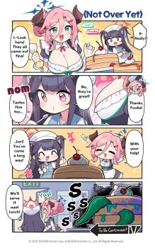 2girls :3 apron bad_food blue_archive blue_halo breasts character_name cherry chibi cleavage commentary donmin_h dress english_commentary english_text food frilled_apron frills fruit fuuka_(blue_archive) fuuka_(casual)_(blue_archive) hair_between_eyes hair_ornament hairclip halo hands_up highres holding holding_pastry_bag horns indoors juri_(blue_archive) juri_(part-time)_(blue_archive) large_breasts long_hair mole mole_under_eye multiple_girls no_nose official_art pancake pancake_stack pastry_bag puffy_short_sleeves puffy_sleeves short_sleeves smile speech_bubble to_be_continued white_apron