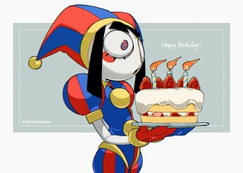 1girl :o asymmetrical_gloves bad_id bad_twitter_id blowing_candle blue_bodysuit blue_eyes blue_gloves blue_hat bodysuit border bright_pupils buttons cake candle chromatic_aberration circle_facial_mark collared_bodysuit colored_skin cowboy_shot fewer_digits film_grain food fruit glitch_productions gloves grey_background happy_birthday hat holding holding_plate inactive_account inset_border jester jester_cap mismatched_gloves multicolored_bodysuit multicolored_eyes open_mouth plate pomni_(the_amazing_digital_circus) puffy_short_sleeves puffy_sleeves red_bodysuit red_eyes red_gloves red_hat short_hair short_sleeves simple_background solo sonokare standing strawberry strawberry_cake striped_clothes striped_hat striped_headwear the_amazing_digital_circus tongue twitter_username two-tone_bodysuit two-tone_eyes two-tone_hat two-tone_headwear vertical-striped_bodysuit vertical-striped_clothes vertical-striped_headwear white_border white_pupils white_skin