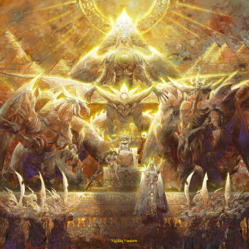 1girl 6+boys absurdres ancient_egyptian arm_up armlet atem black_luster_soldier black_luster_soldier_envoy_of_the_beginning cape character_request commentary_request dark-skinned_female dark-skinned_male dark_skin duel_monster epic glowing hand_on_own_knee hieroglyphics highres holding huge_filesize jewelry kuriboh liguangze looking_up mahado mana_(yu-gi-oh!) millennium_puzzle multicolored_hair multiple_boys nipple_piercing nipples obelisk_the_tormentor osiris_the_sky_dragon piercing pyramid_(structure) robe sash sitting spiked_hair the_creator_god_of_light_horakhty the_winged_dragon_of_ra throne vambraces weapon yu-gi-oh! yu-gi-oh!_duel_monsters