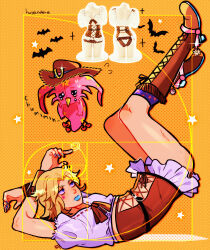 Rule 34 | 1boy, 1other, absurdres, artist name, blonde hair, blue eyes, blue lips, blue nails, blue socks, boots, brown corset, commentary, corset, cowboy boots, cropped shirt, cross-laced clothes, crossdressing, crying, english commentary, flying sweatdrops, full body, highres, huyandere, johnny joestar, jojo no kimyou na bouken, lying, male focus, microskirt, on back, reference inset, signature, skirt, socks, spurs, stand (jojo), star (symbol), starry background, steel ball run, tears, tusk (stand), tusk act1