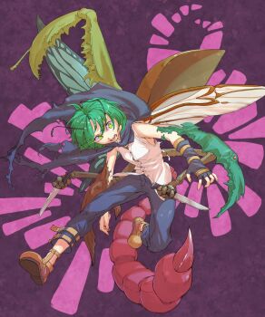 1girl arthropod_girl beetle beetle_wings black_cape black_gloves black_pants breasts brown_shoes bug butterfly_wings cape chimera claws commentary_request fingerless_gloves full_body gloves green_eyes green_hair highres holding holding_knife insect insect_wings kijima_(amayadori-tei) knife mantis open_mouth pants reverse_grip scorpion_tail shirt shoes short_hair sleeveless sleeveless_shirt small_breasts solo tail torn_cape torn_clothes touhou white_shirt wings wriggle_nightbug