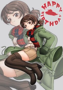 Rule 34 | 1girl, absurdres, amanone yun, black boots, boots, brown eyes, brown hair, brown skirt, casual, closed mouth, coat, english text, fringe trim, girls und panzer, green coat, hand in pocket, happy birthday, highres, hood, hood down, hooded coat, kawanishi shinobu, long sleeves, looking at viewer, miniskirt, open clothes, open coat, outline, plaid clothes, plaid scarf, ponytail, red scarf, ribbed shirt, scarf, shirt, short hair, short ponytail, skirt, smile, solo, thigh boots, white outline, white shirt, zoom layer