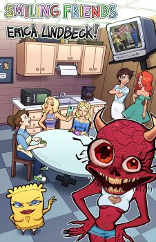 6+girls alien american_flag apron blonde_hair blue_eyes blue_shirt breasts brown_hair cabinet chair cleavage cleavage_cutout clothing_cutout colored_skin commentary crop_top crossed_arms cup dark_skin denim denim_shorts dress english_commentary english_text flag_print green_dress hands_on_own_hips heart_cutout highres horns indoors jeans kitchen long_hair medium_breasts midriff monster multiple_girls navel navel_piercing open_mouth pants phone piercing ponytail red_eyes red_hair red_skin screwbra1n shirt short_shorts shorts sink sitting smile smiling_friends table television tiles underboob yellow_apron