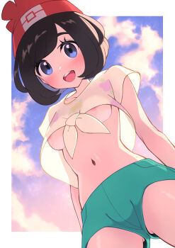 1girl :d absurdres areola_slip beanie black_hair blue_eyes breasts cloud commentary_request eyelashes green_shorts hat highres looking_down maki_(letusgomaki) medium_hair navel nintendo open_mouth outdoors pokemon pokemon_sm print_shirt red_hat selene_(pokemon) shirt short_shorts shorts sky smile solo teeth tied_shirt tongue upper_teeth_only