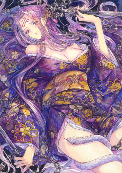 1girl breasts chain chikinan_tarou facial_mark fate/grand_order fate/stay_night fate_(series) forehead_mark highres japanese_clothes kimono large_breasts long_hair looking_at_viewer medusa_(fate) medusa_(rider)_(fate) nameless_dagger_(fate) painting_(medium) print_kimono purple_eyes snake solo traditional_media very_long_hair watercolor_(medium)