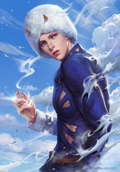 1boy belt bird blue_eyes blue_shirt blue_sky brown_belt clothing_cutout cloud eyelashes fur_hat hat highres horned_hat jojo_no_kimyou_na_bouken kdash looking_at_viewer parted_lips seagull shirt sky stone_ocean weather_report white_hat