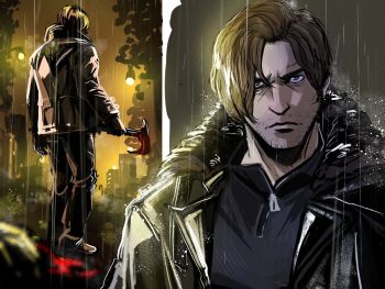 1boy axe beard_stubble black_coat black_pants black_shirt blonde_hair blood bloody_weapon closed_mouth coat commentary english_commentary facial_hair facing_away facing_viewer from_behind full_body fur-trimmed_coat fur_trim furrowed_brow highres holding holding_axe leon_s._kennedy male_focus mature_male pants parted_bangs rain resident_evil resident_evil_requiem shirt short_hair skelesass solo stubble upper_body weapon